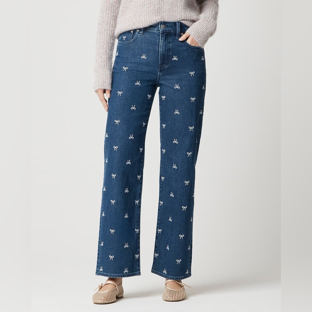 J. Crew Dark Blue Denim Wide Leg  Jeans with White Bow Embroidery